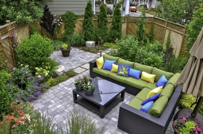 Spacious patio with landscaping